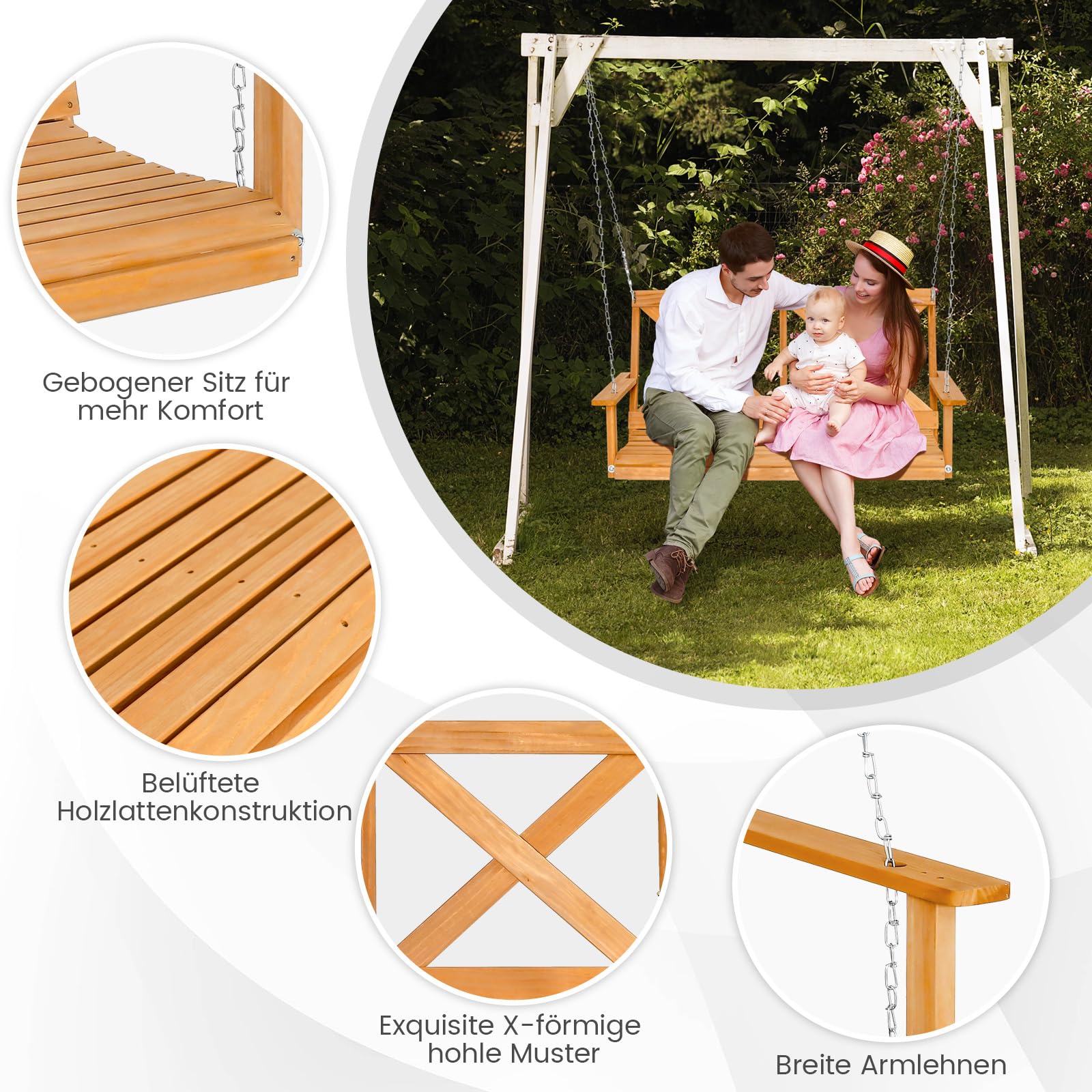 COSTWAY Hängebank aus Massivholz, 2-Sitzer Gartenschaukel zum Aufhängen, Hollywoodschaukel bis 240 kg belastbar, Outdoor-Schaukelbank für Terrasse, Garten, Hof, 134 x 60 x 65 cm, Natur