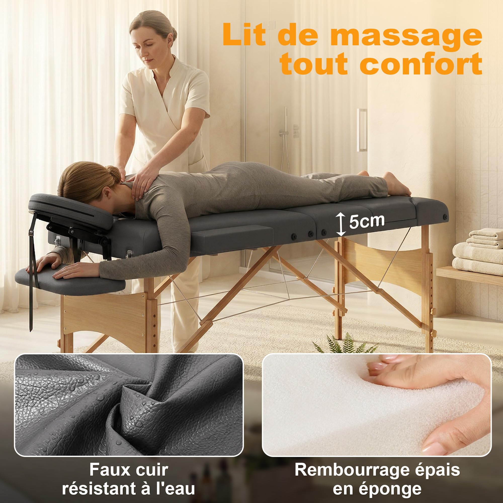 HOMCOM Table de Massage Pliante, lit de Massage 3 Zones Portable 185 x 60 cm, Hauteur et Dossier réglables, Appui-tête, accoudoirs, Repose-Bras, Table esthétique Tatouage en Bois de hêtre, Gris