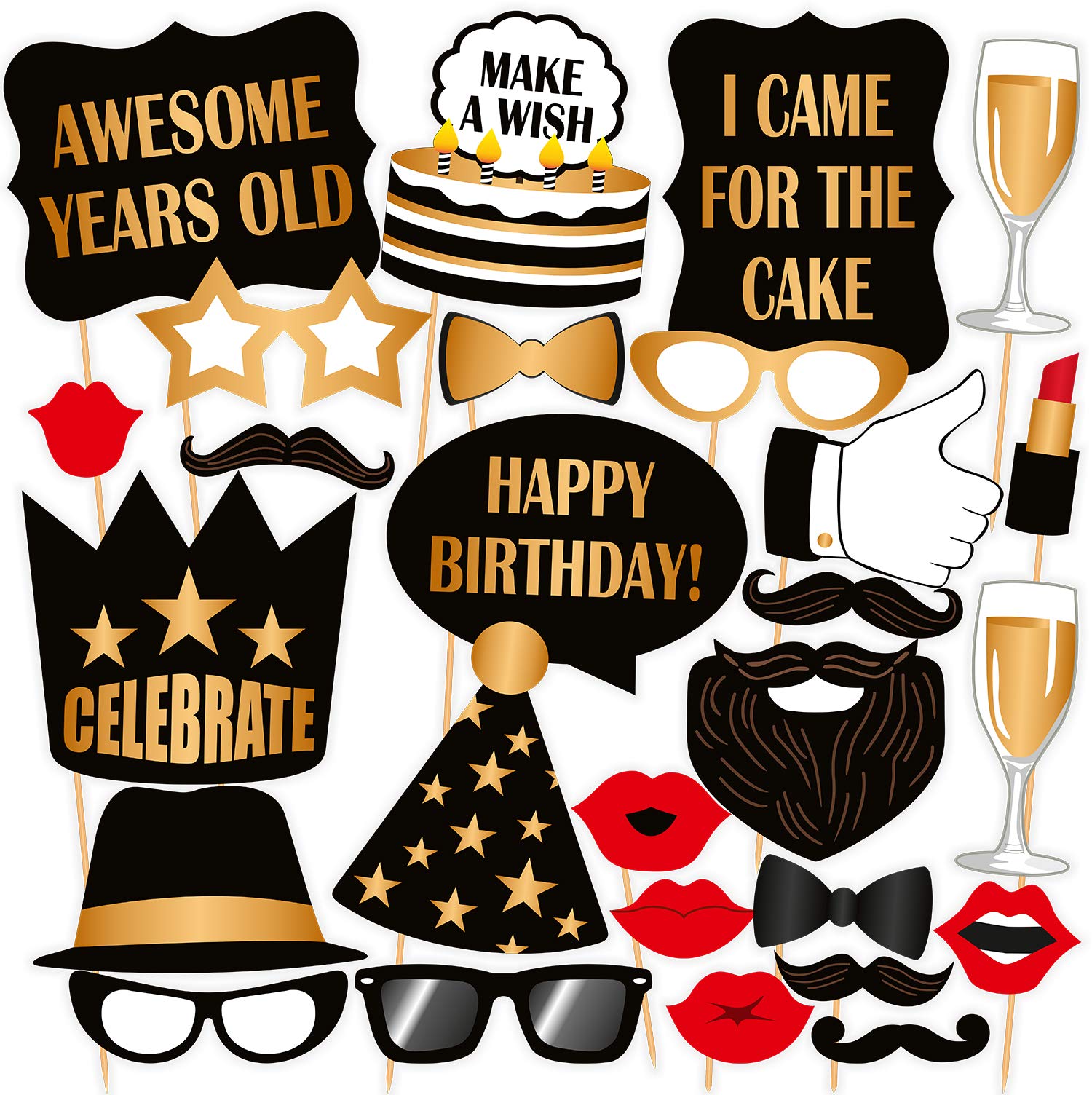Accesorios para Photocall Cumpleaños, Fotomatón de Fiesta Negro y Dorado (Juego de 27)