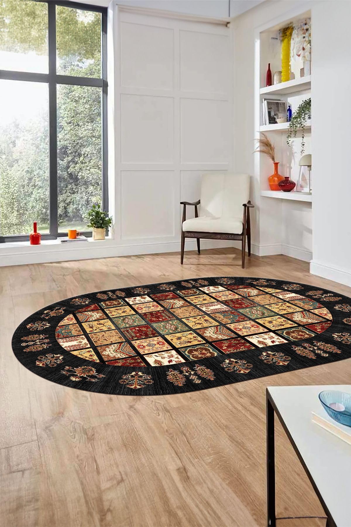 Evdeya Yeni Etnik Desen Kaymaz Taban Yıkanabilir Oval Yolluk Mutfak Salon Koridor Halısı O-ETNİK-18, Antrasit, 160 x 250