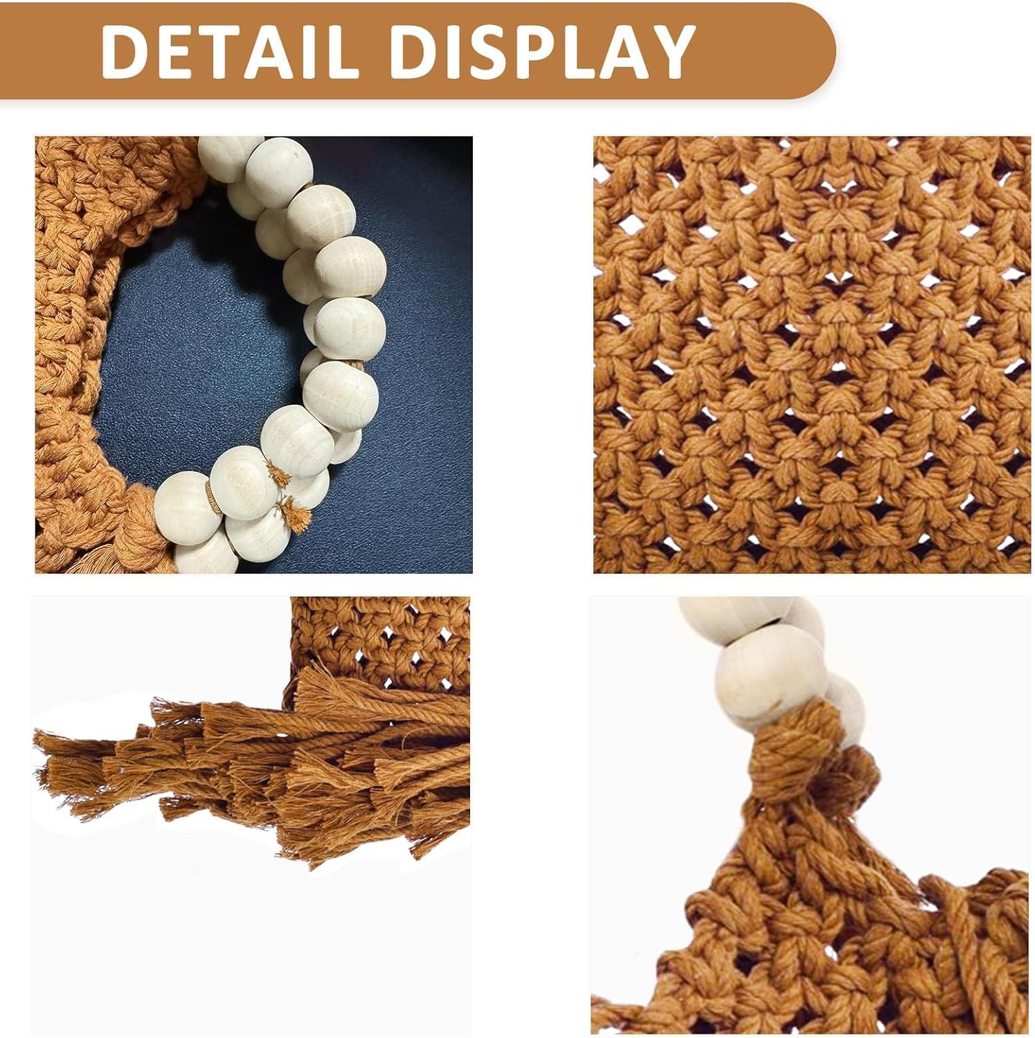 Handbags for Women, Hand-woven Knitted Cotton Handbags, Tassel Woven Bag, Wooden Bead Handle, Shoulder Bag for Beach Vacation(Khaki) - Image 5