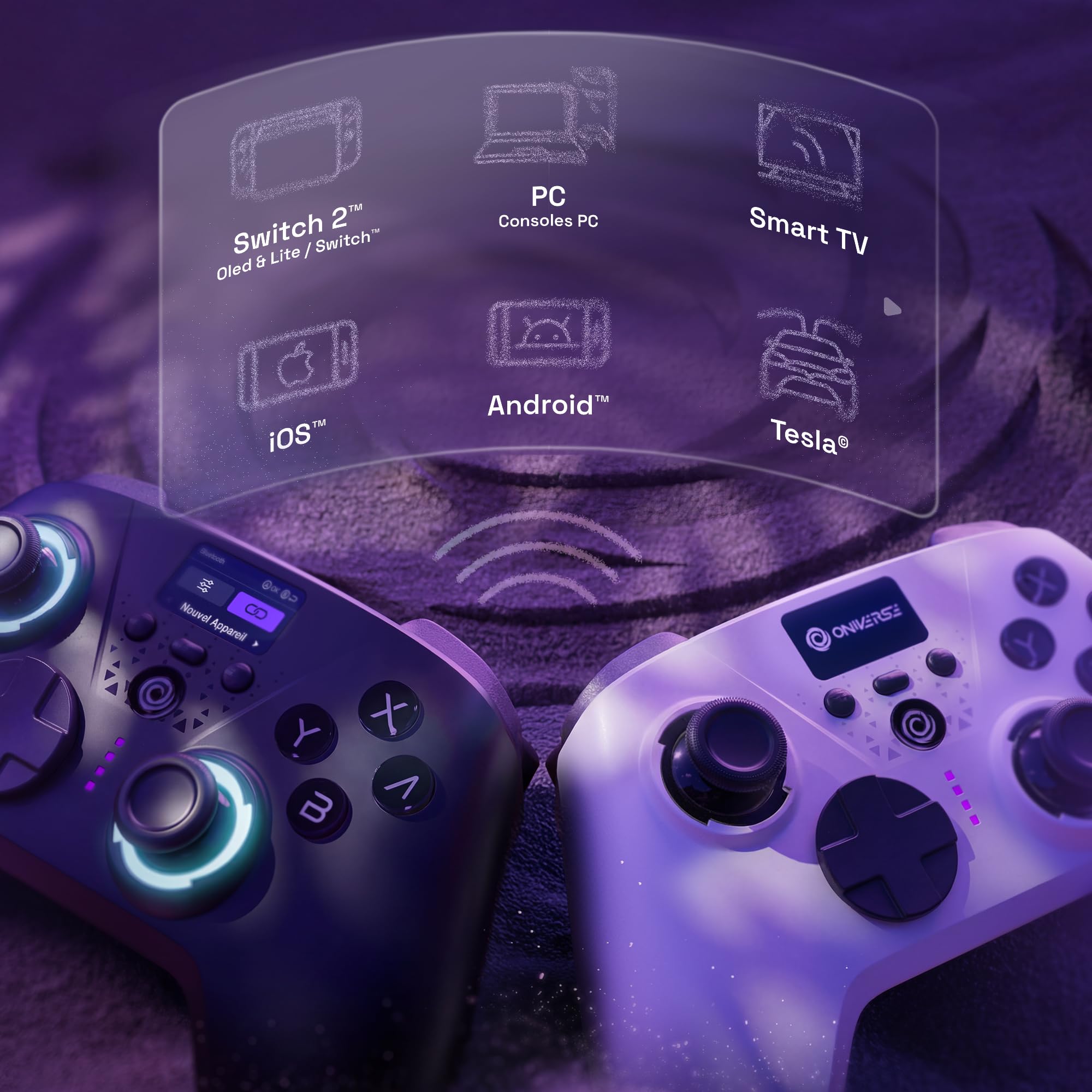 Oniverse Manette sans fil pour Switch 2/Switch/OLED/Lite/PC/Mobile, Écran intégré, Joysticks et gâchettes Hall Effect, 11h, Tactile switch D-pad, Boutons macro arrière mécaniques - Aura (White)