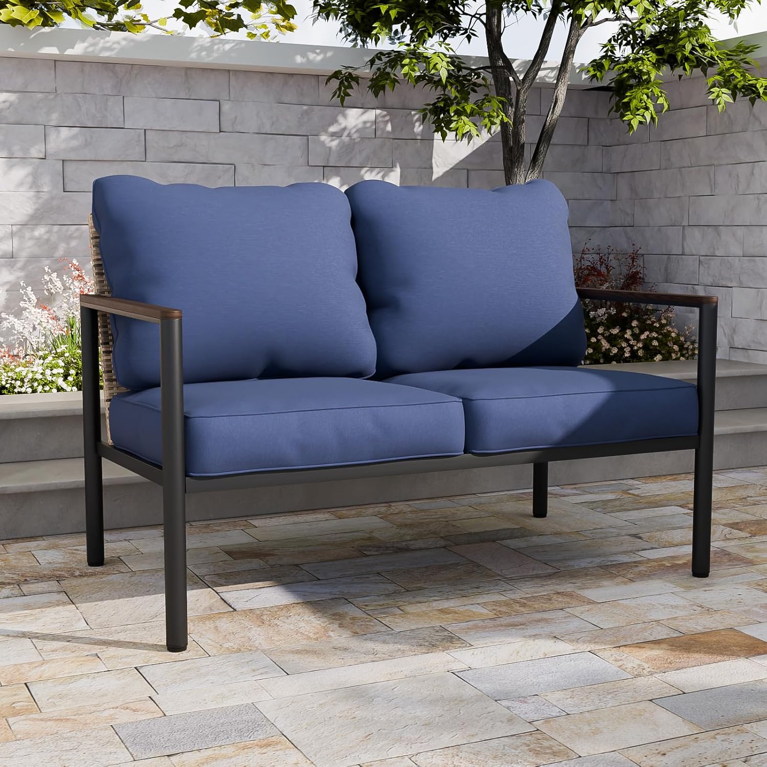 EAGLE PEAK Sunset Dune Collection Modern Outdoor Patio Furniture Sofa Deep Cushions Wicker Weather Resistant for Balcony Lounge Sunroom, Loveseat 2 Seat Sofa, Brown Blue