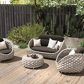 Tatta 4-Person Outdoor Sofa Set with Faux Marble Coffee Table Modern Woven Rope Patio Furniture Set with Aluminum Frame & Waterproof Cushions for Backyard, Garden, or Poolside