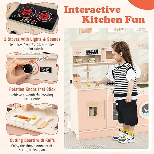 Miniatura 2 de Costzon Juego de cocina para niños, juego de madera para niños pequeños con luces y sonidos reales, grifo, horno de microondas, cafetera y tostadora