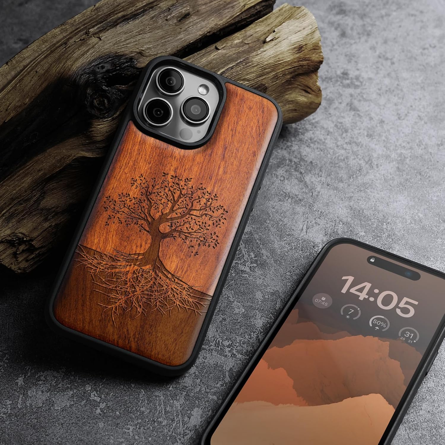 Carveit Magnetic Wooden Case for iPhone 16 Pro Max Case, Wood Artisan Engraved & Black Soft TPU Shockproof Cover, Compatible with MagSafe Wireless Chargers (The Yin Yang Tree -Rosy