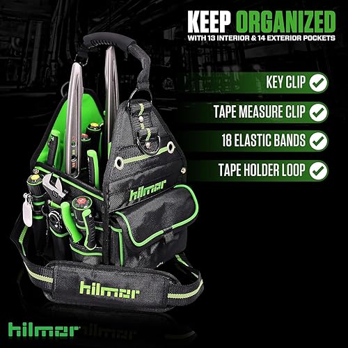 Miniatura 10 de Hilmor HT 1839078 - Bolsa de herramientas HVAC con 27 bolsillos, clip para llaves, lazo para cinta, correa para el hombro, herramientas y equipos