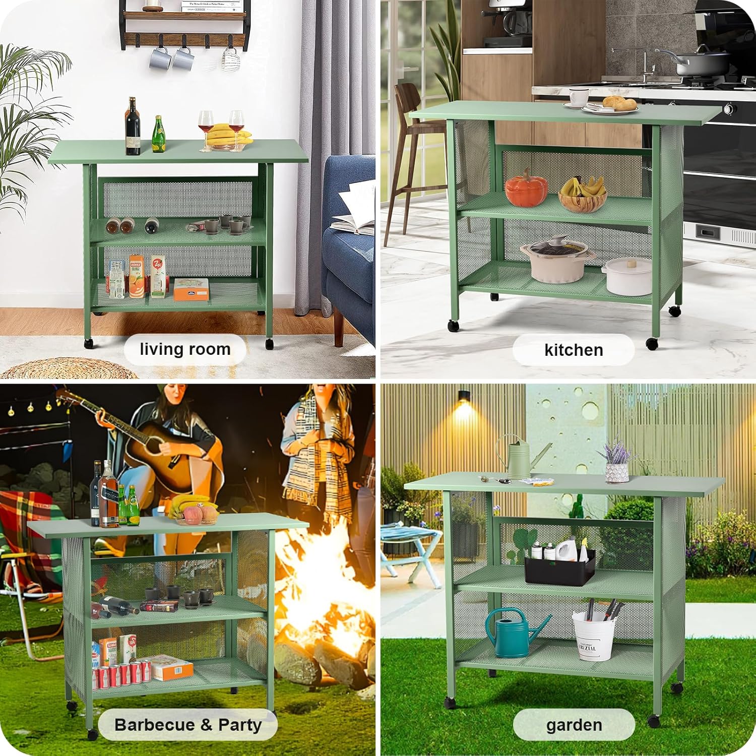 3-Tier Mesh Kitchen Cart with 47.2"x19.7" Top Shelf,Heavy Duty Metal Frame, Rubber Wheels for Easy Mobility, Ideal for Home, Kitchen, Restaurant, Bar Storage and Serving (Fresh Green)