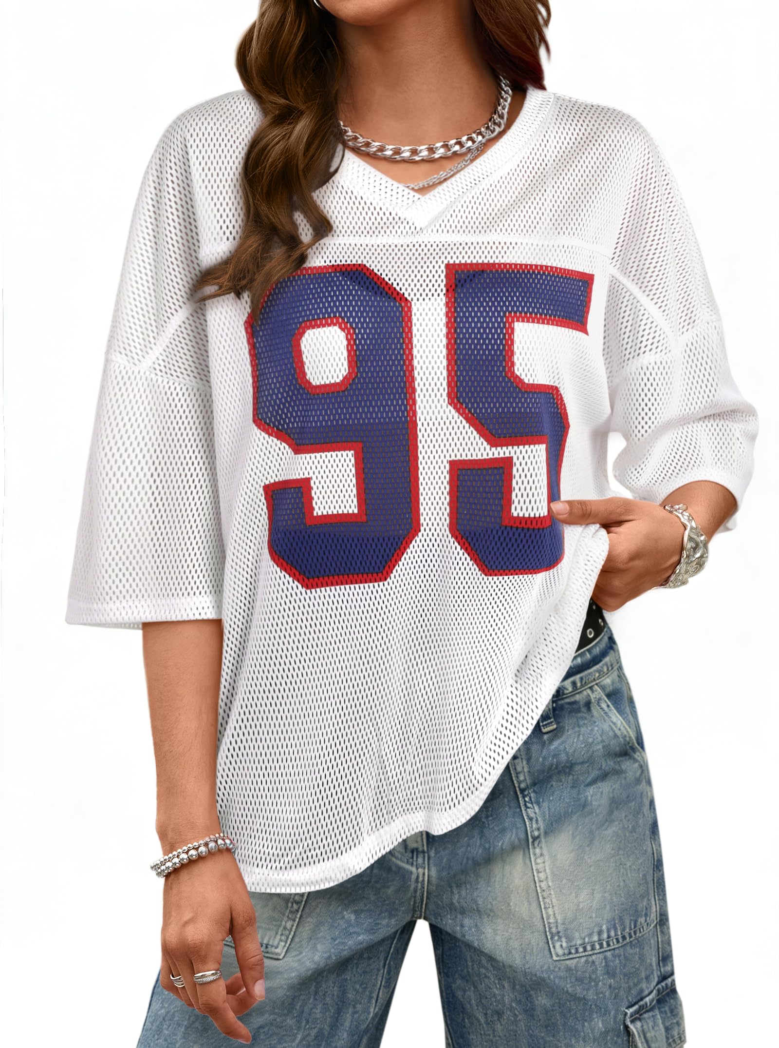 - Womens Oversized Mesh Jersey Shirts V Neck Short Sleeve Tops Casual Graphic Tees