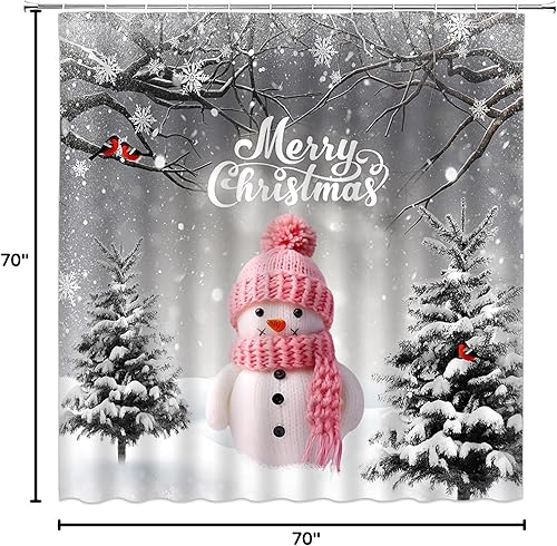 Miniatura 6 de DSMEUE Cortina de ducha de Navidad, muñeco de nieve rosa, rama de árbol, copo de nieve, vacaciones de invierno, paisajes naturales, cortina rústica