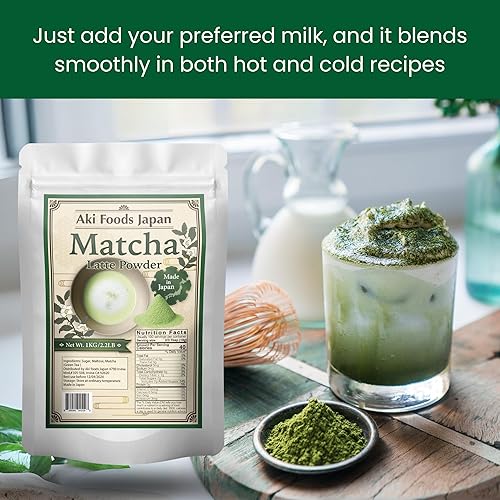 Miniatura 4 de Aki Foods Japan - Mezcla de café con leche matcha de 2.2 libras (2.2 lbs) - Polvo de té verde japonés de primera calidad, sabor matcha, fácil de