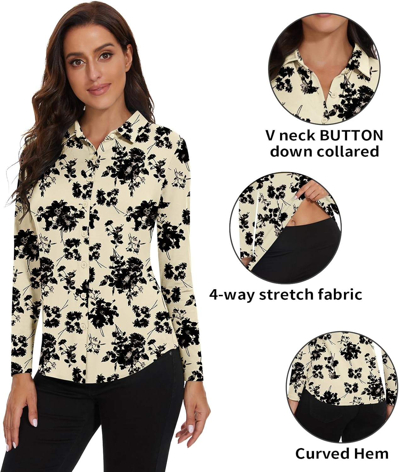 Soneven Womens Golf Polo Shirts 3/4 Long Sleeve V Neck Button Down Shirts Business Causal Work Blouses Tops - Image 3