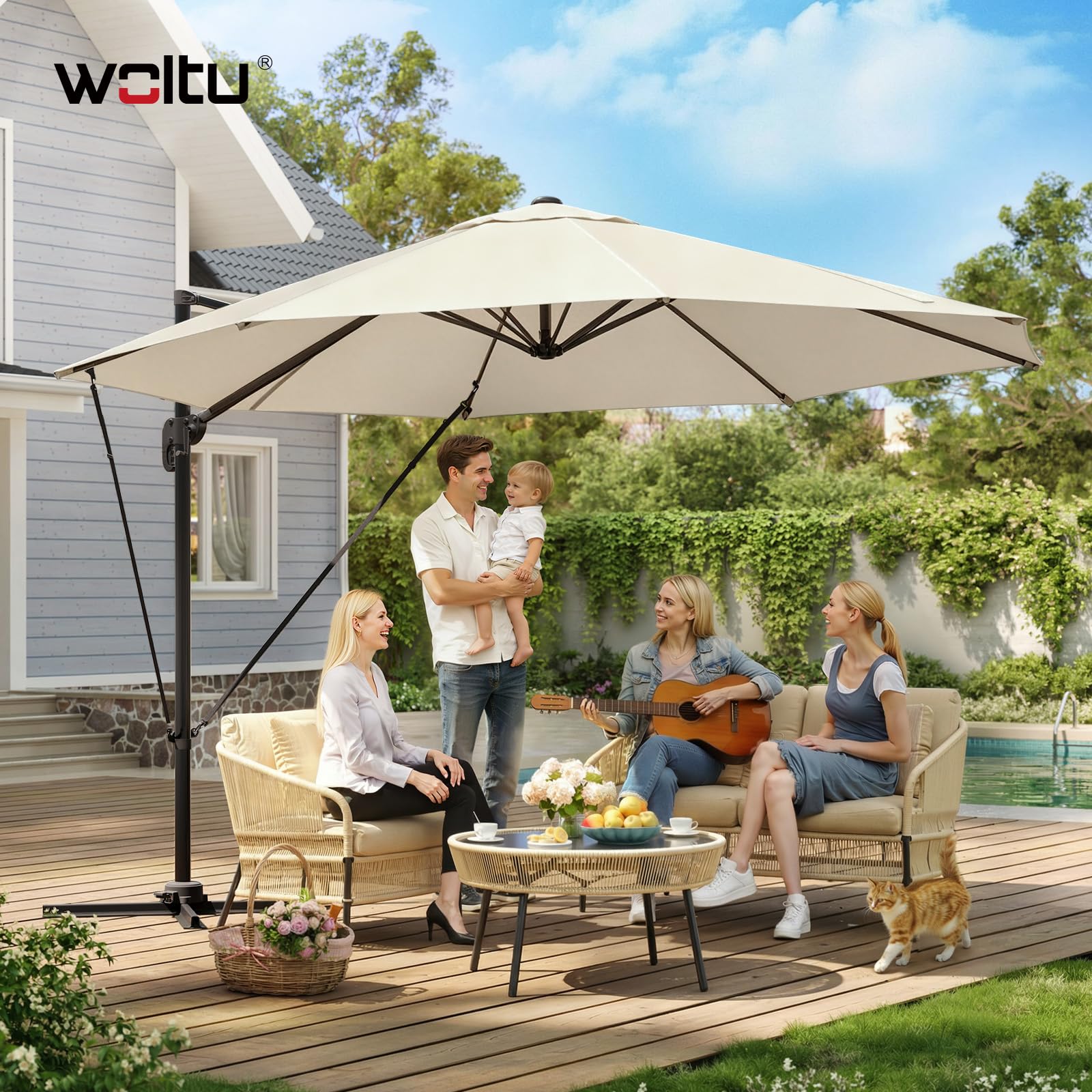 WOLTU Aluminium Sonnenschirm Ampelschirm, 360° drehbar mit 5 Neigungsstufen, Sonnenschutz UPF 50+, Gartensonnenschirm mit Windschutzseilen & Schutzhülle, für Balkon Garten Terrasse