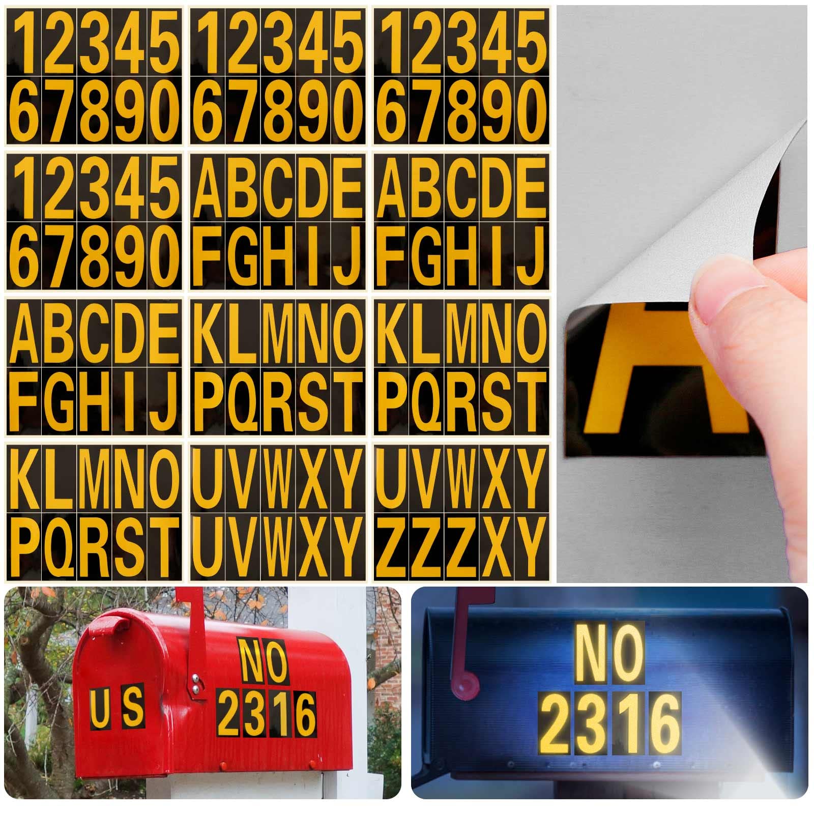 Seloom118 Pieces Reflective Mailbox Numbers and Letters Stickers,Self-Adhesive vinyl numbers letters Stickers Decals Pre-Spaced Waterproof for Mailbox Signs Address Door Cars(Golden in Black,3 Inch)