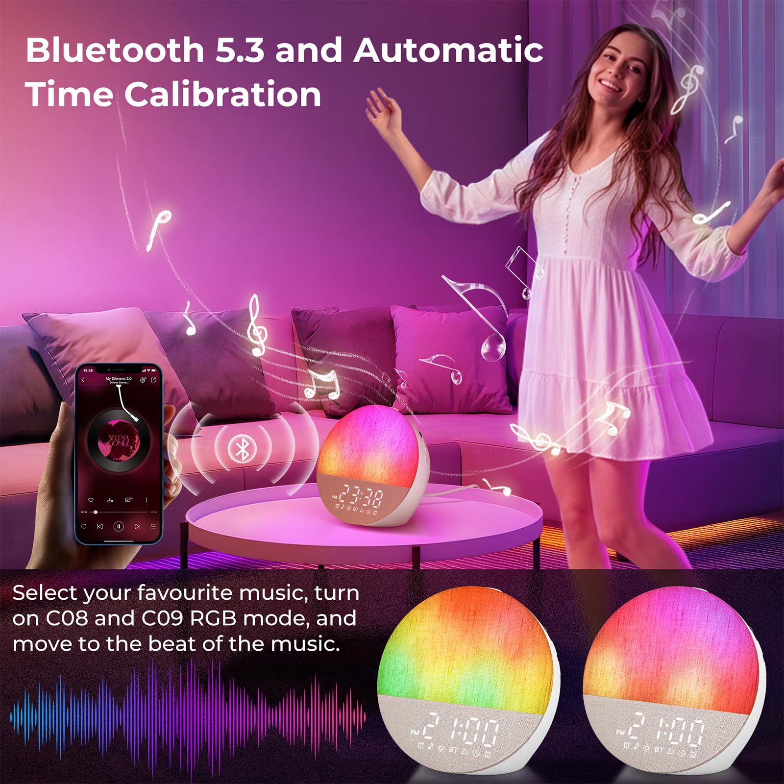 Réveil Lumineux Simulateur D'Aube, Enceinte Bluetooth, Machine Bruit Blanc, 30 Sons Apaisants, 20 Luminosité, 18 Couleurs