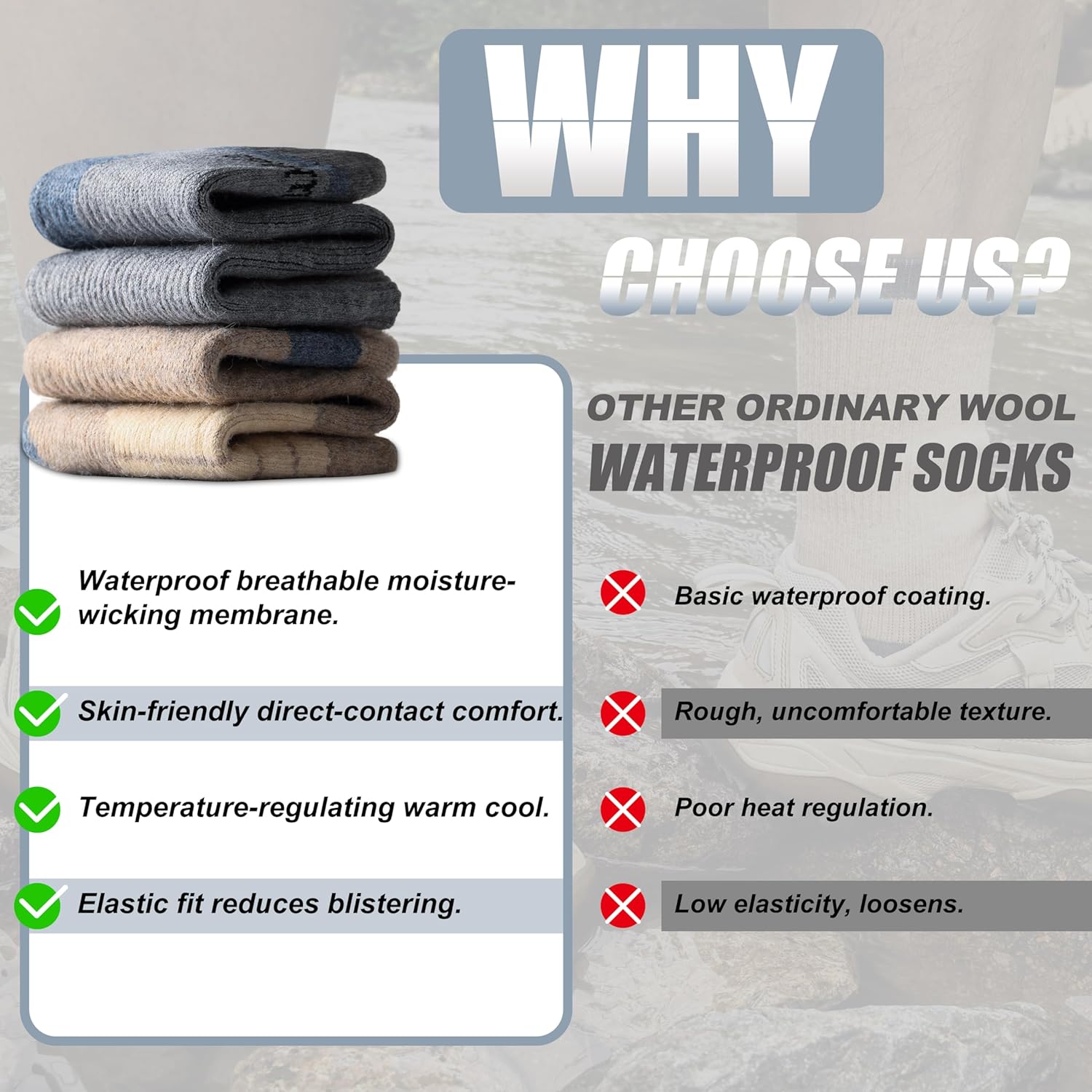 Merino Wool Waterproof Socks, 1 Pair Waterproof Hiking Socks for Hiking, Running -Breathable & Warm for All Seasons - Image 5