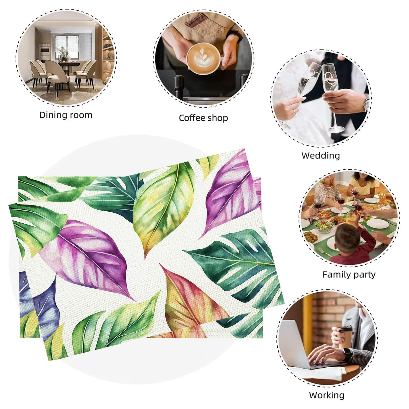Set di 8 Tovagliette Americane Lavabili Cotone Lino Foglie tropicali - Tovaglietta Americana Resistenti al Calore Durevole Acquerello - per Colazione Pranzo 30×45 cm