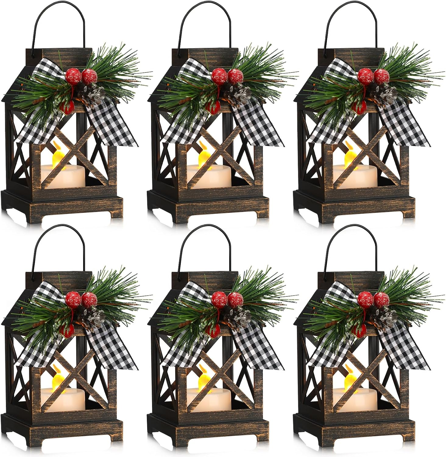 6 Pcs Christmas Decorative Lantern LED Candle 5.5" Christmas Mini Lanterns Bulk Holiday Vintage Hanging Lanterns Xmas Decorative Candle Lanterns for Table Centerpiece Outdoor Indoor (Bronze)