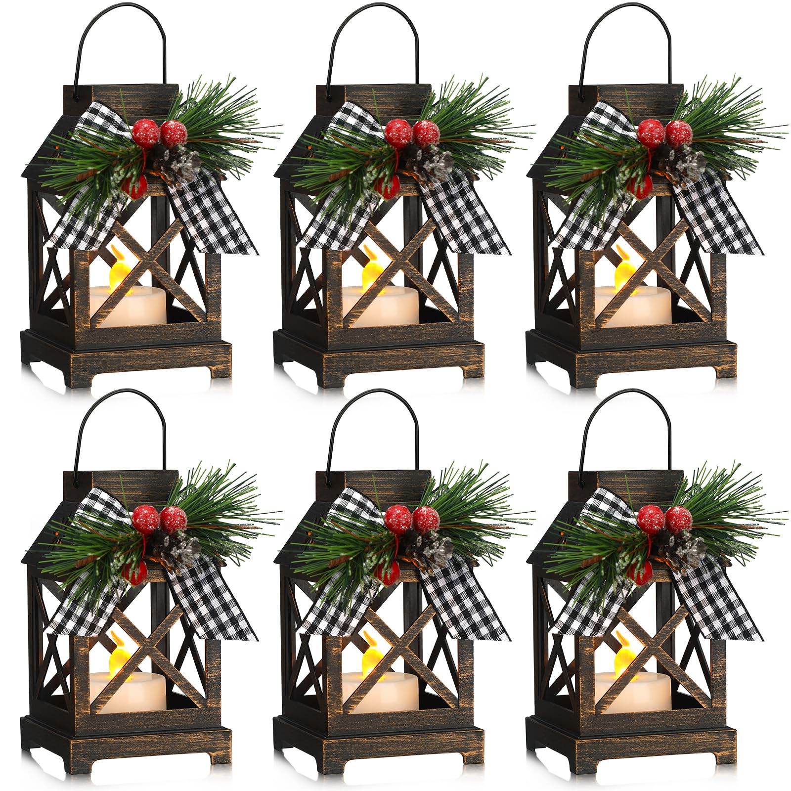 6 Pcs Christmas Decorative Lantern LED Candle 5.5" Christmas Mini Lanterns Bulk Holiday Vintage Hanging Lanterns Xmas Decorative Candle Lanterns for Table Centerpiece Outdoor Indoor (Bronze)