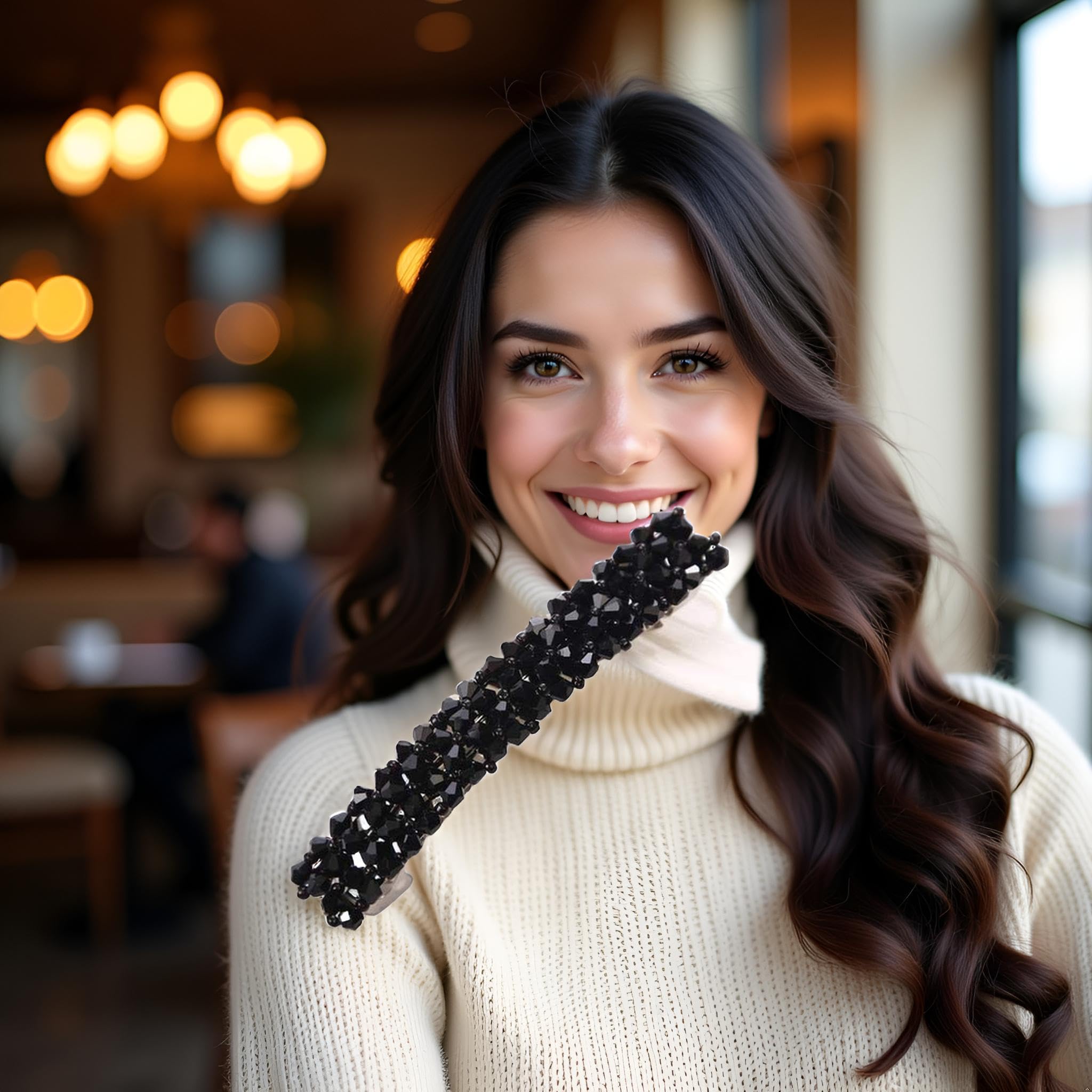 ✔️Hair barrette with black pearls, multi-faceted hematites and smoky rhinestones Amazon.com : Aneneiceera Crystal Bar Hair Clip Barrette  main image 2