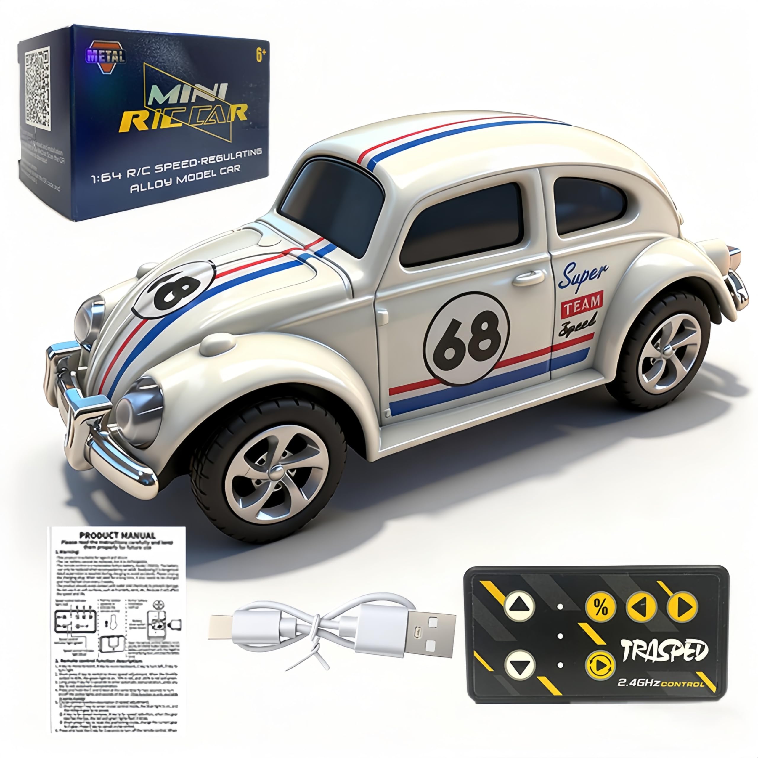 Mini RC Car Alloy 1 64 RC Car LED Lights 3 Speeds Modes Rechargeable Battery Retro Beetle with