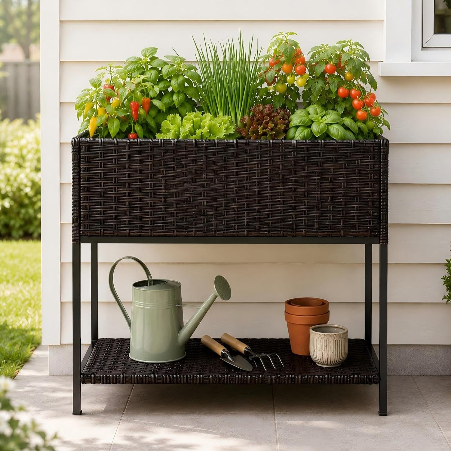 Rattan Wicker Raised Storage Garden Bed 3x1.5x2.5 ft Planter Box