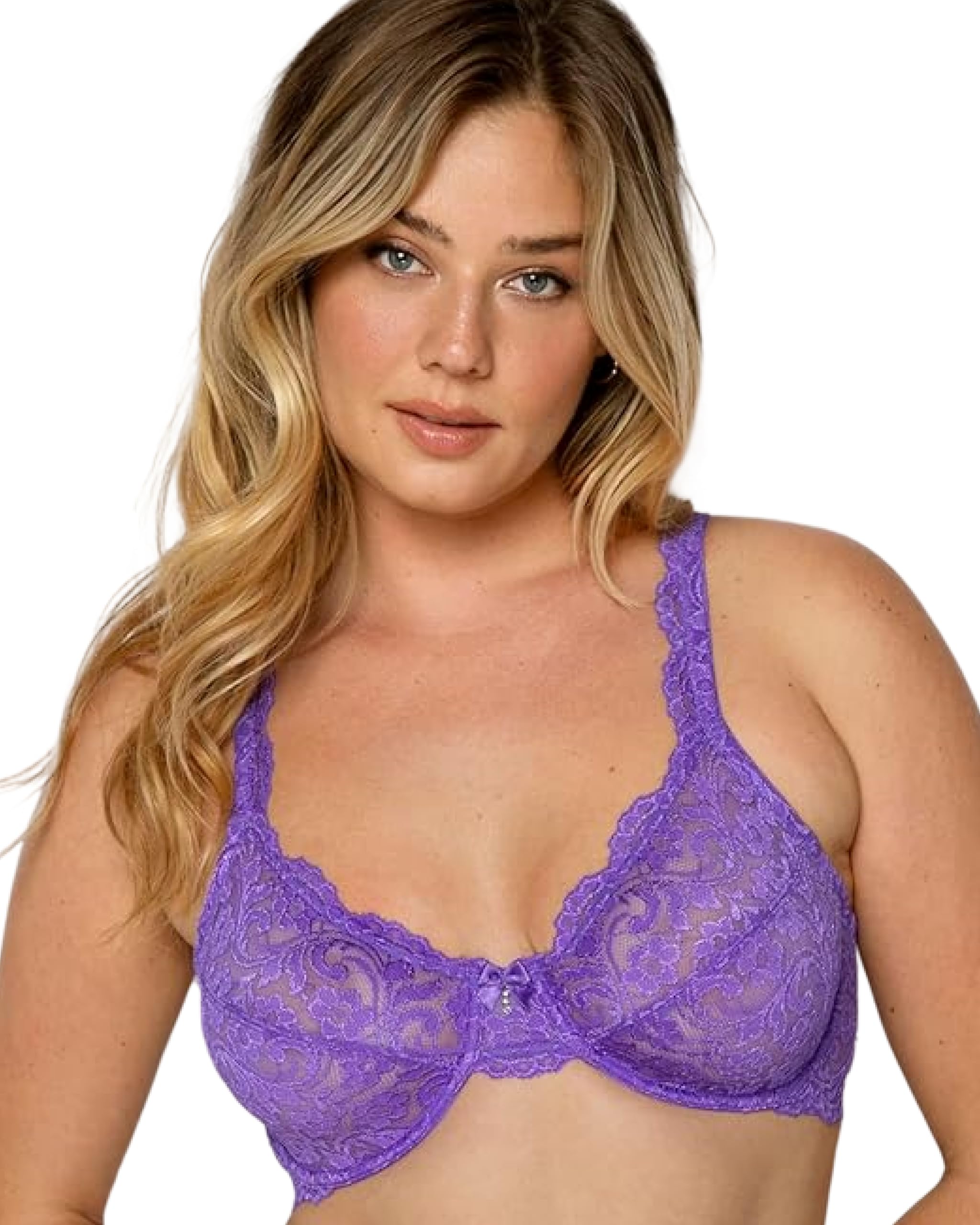 Smart & Sexy Women's Signature Lace Unlined Underwire Bra Full Coverage, Semi-Sheer, New Violet, 38D (Pack of 2)