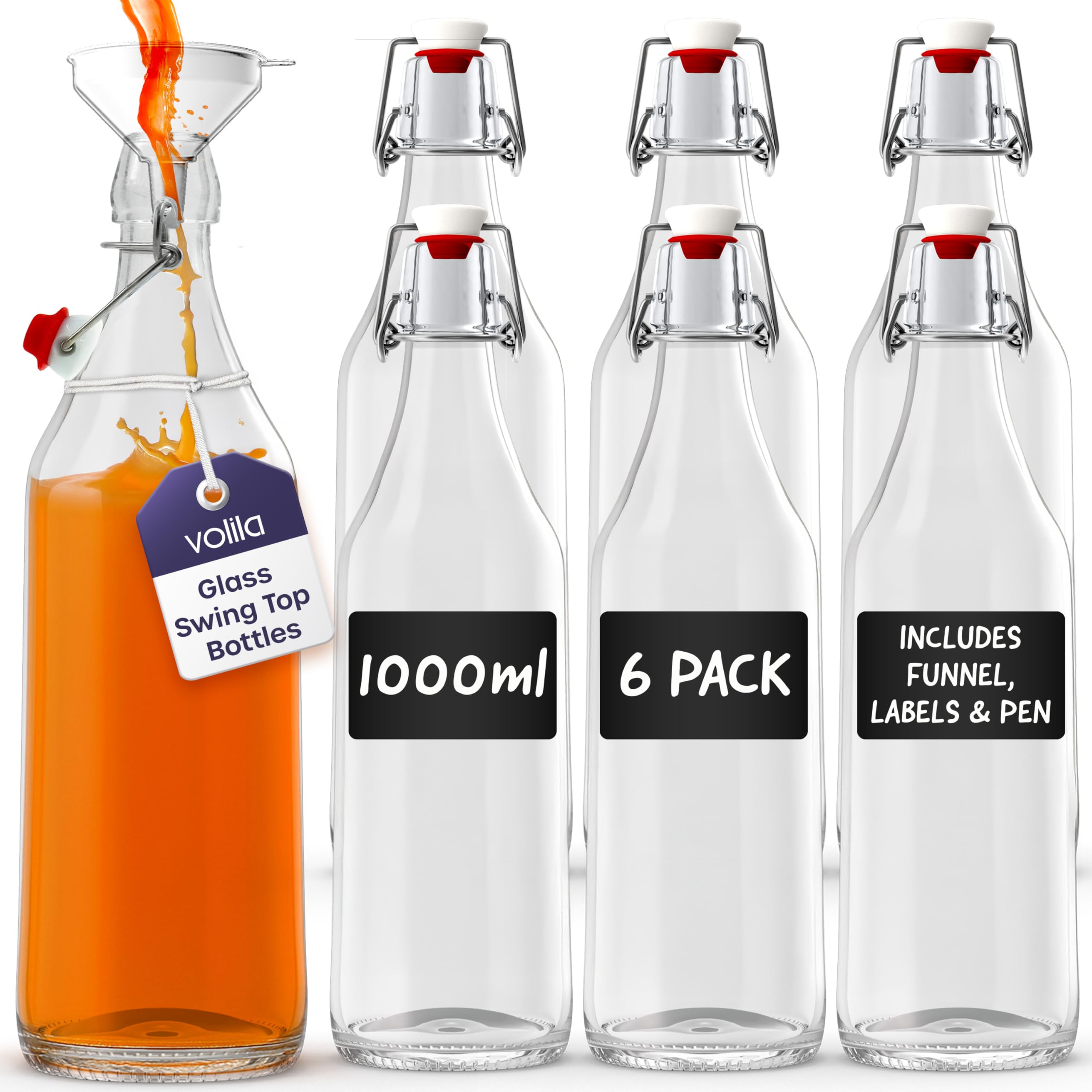 Volila Clear Glass Bottles With Stoppers - 1000Ml Swing Top Bottle For Homebrewing And Beverages - 1L Flip Top Bottles With Leak Proof Caps, Labels, Pen And Funnel (6 Pack)