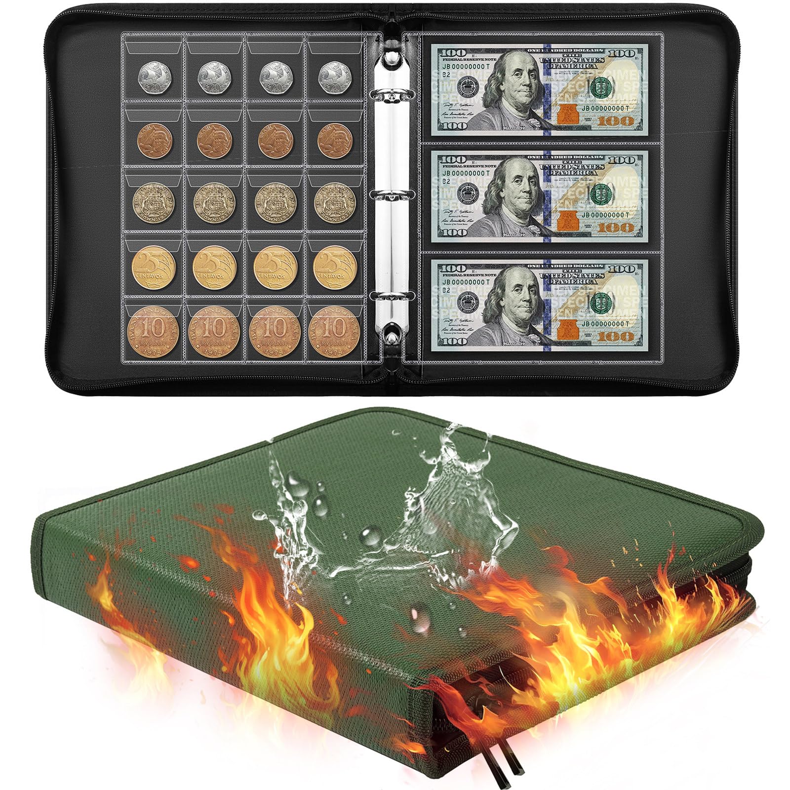 Ettonsun Fireproof Coin Collection Book Holders for Collectors, 460 Pockets Coin Organizer Sleeves Coin Album & 36 Currency Sleeves Album Money Holder Coin Storage Case (Green-Upgraded)