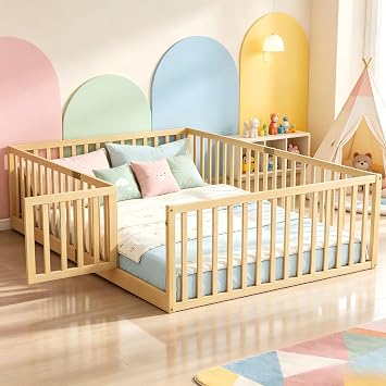 PVWIIK Full Size Toddler Floor Bed with Door&High Rails,Natural | Full Floor Bed with Safety Guardrails for Kids Bedroom