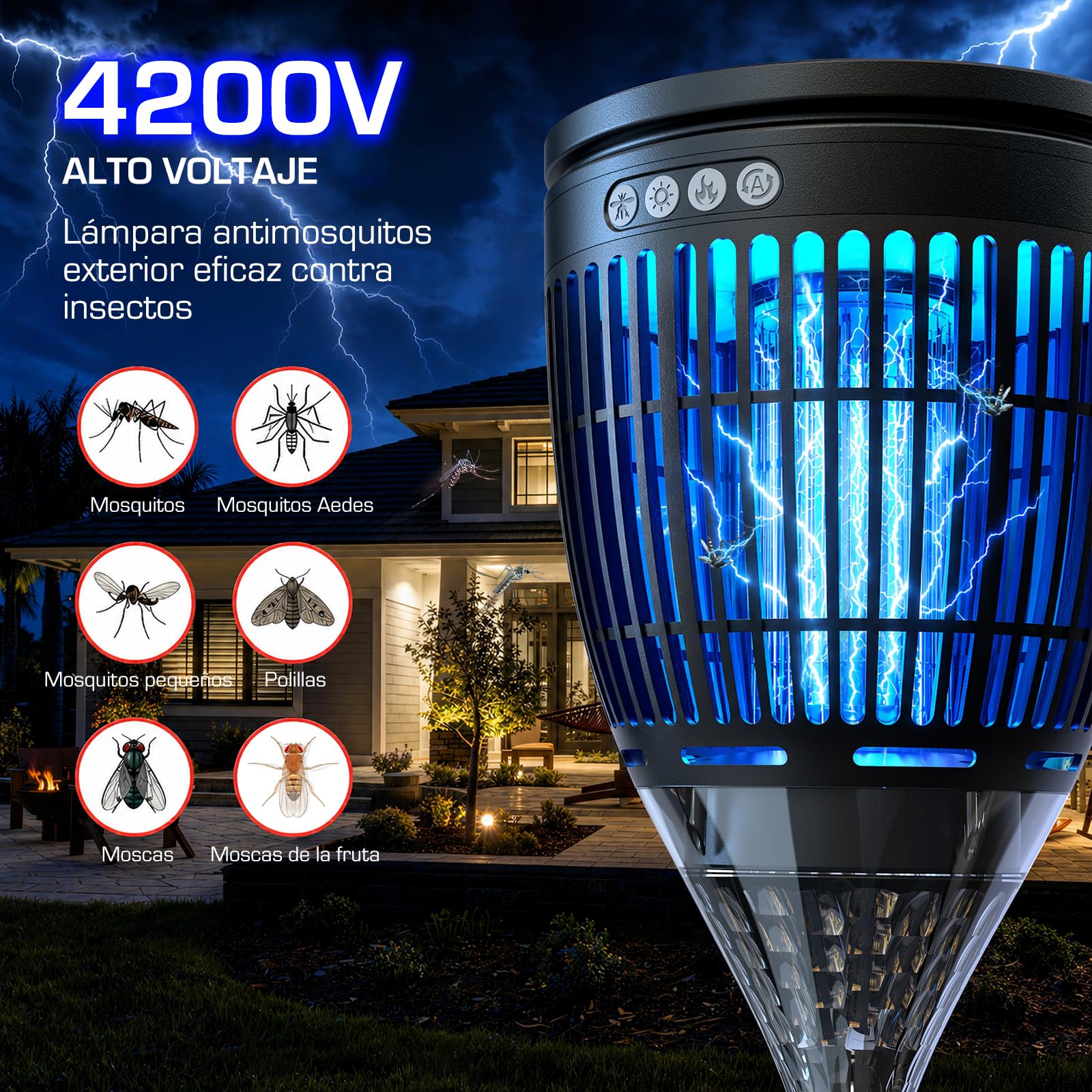 Lámpara Antimosquitos Solar de Exterior, Mata Mosquitos Eléctrico 4200V, Impermeable IPX5, Recargable USB-C, Matamoscas Eléctrico Sin Cables con Estaca para Jardín, Césped