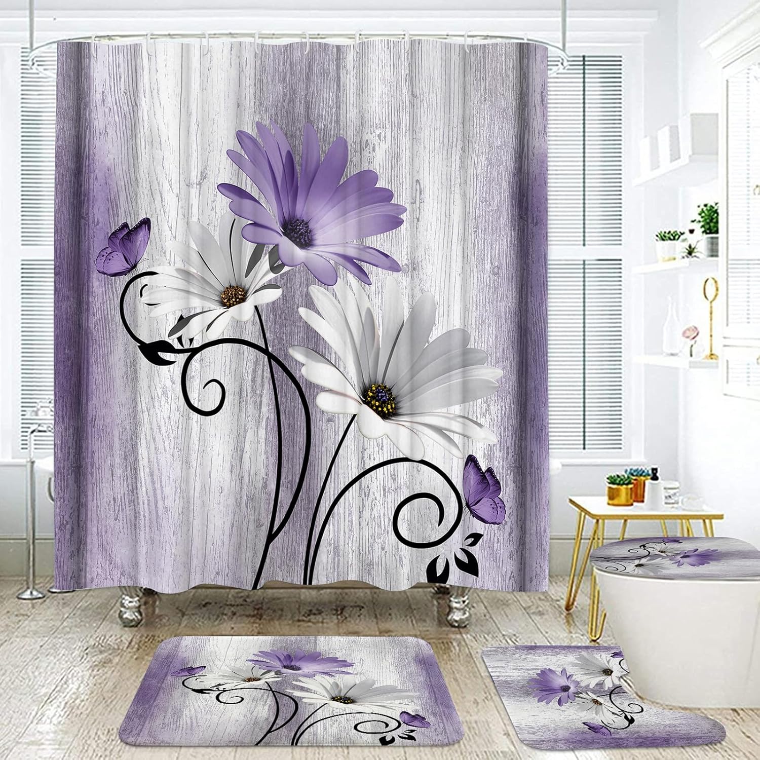 Onalasyc 4PCS Purple Daisy Flowers Plants Shower Curtain Set,Shower Curtain and Carpet and Accessories,Waterproof Bathroom Shower Curtain Decorative Set, with 12 pcs Hooks,71 x 71in
