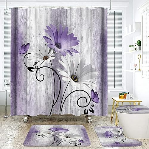 Vista 13 de Onalasyc - Juego de 4 cortinas de ducha con flores de margaritas azules, cortina de ducha y alfombra y accesorios, juego decorativo de cortina