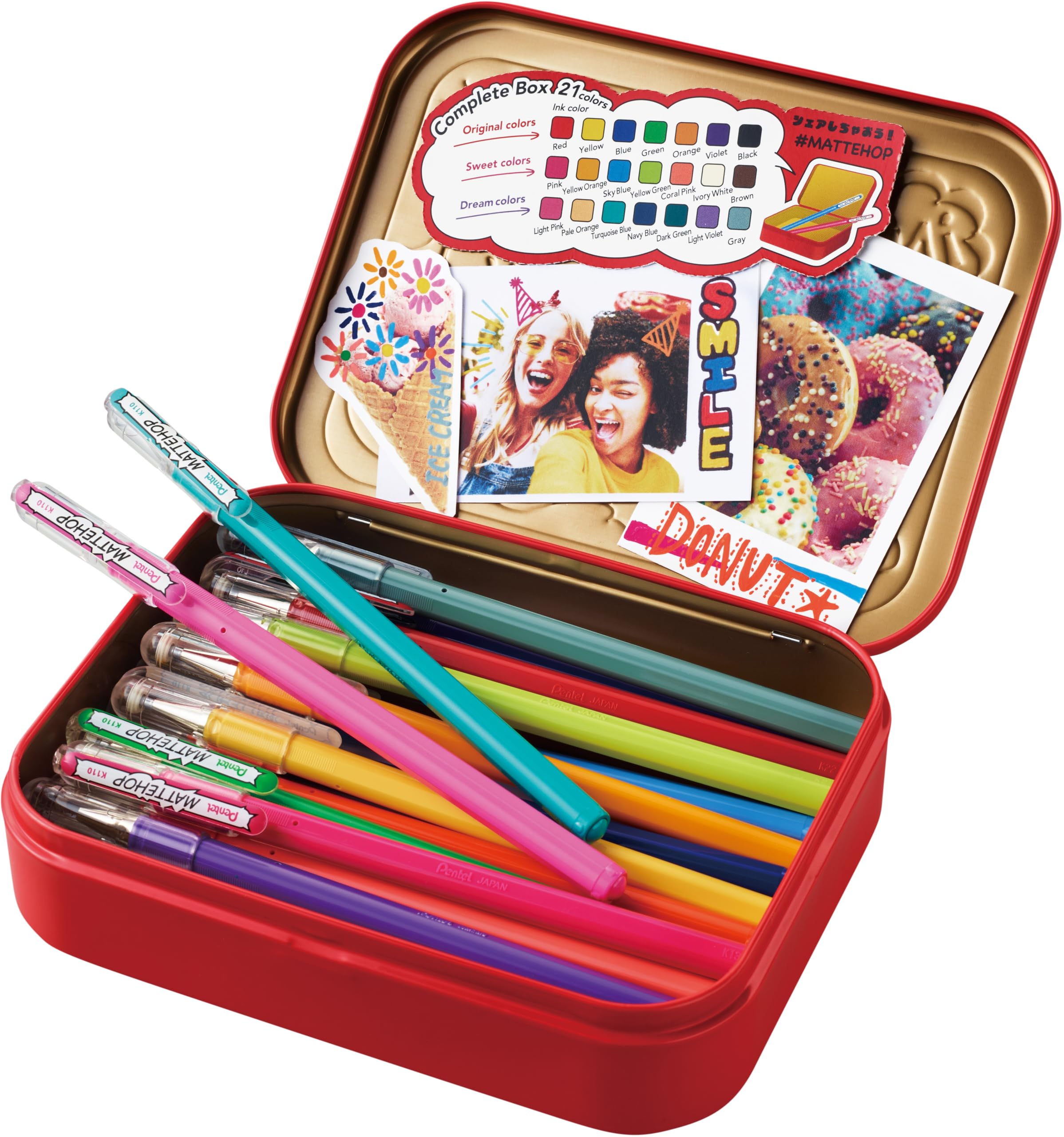 Pentel Mattehop K110V Gel Roller with High Opaque Ink in Matte Finish, 1.0 mm (Metal Box of 21 Pieces, Assorted Colours)
