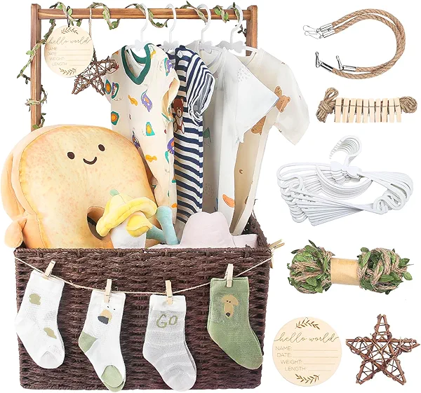 Wisreach Wooden Baby Shower Crate Closet, Baby Storage Crate with Handle, Foldable Handwoven Storage Basket for Gifts, Welcome Gift Basket for Newborn Boys Girls, Pregnancy Gifts for New Parents