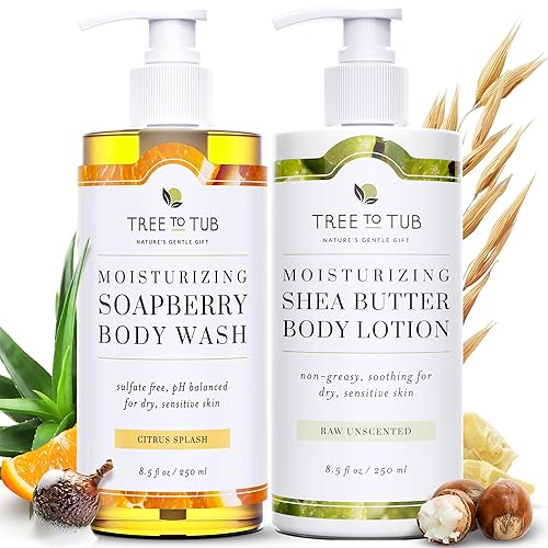 Tree to Tub Jabón corporal cítrico y loción para piel seca y piel sensible, pH equilibrado, hidratante, gel corporal sin fragancia, loción para piel