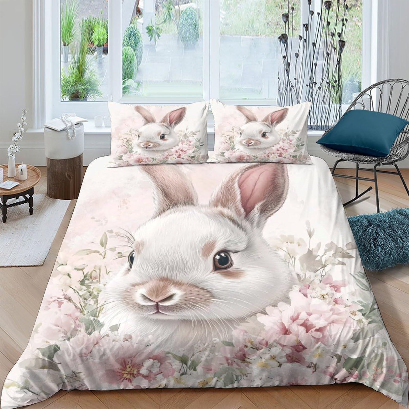 Ctjqhvkz Style-2 3D Printed Cute Bunny Fitted Sheet Microfiber Soft Pastel Floral Mattress Cover For Bedroom Dorm Decorative Bedding Single（135X200cm）