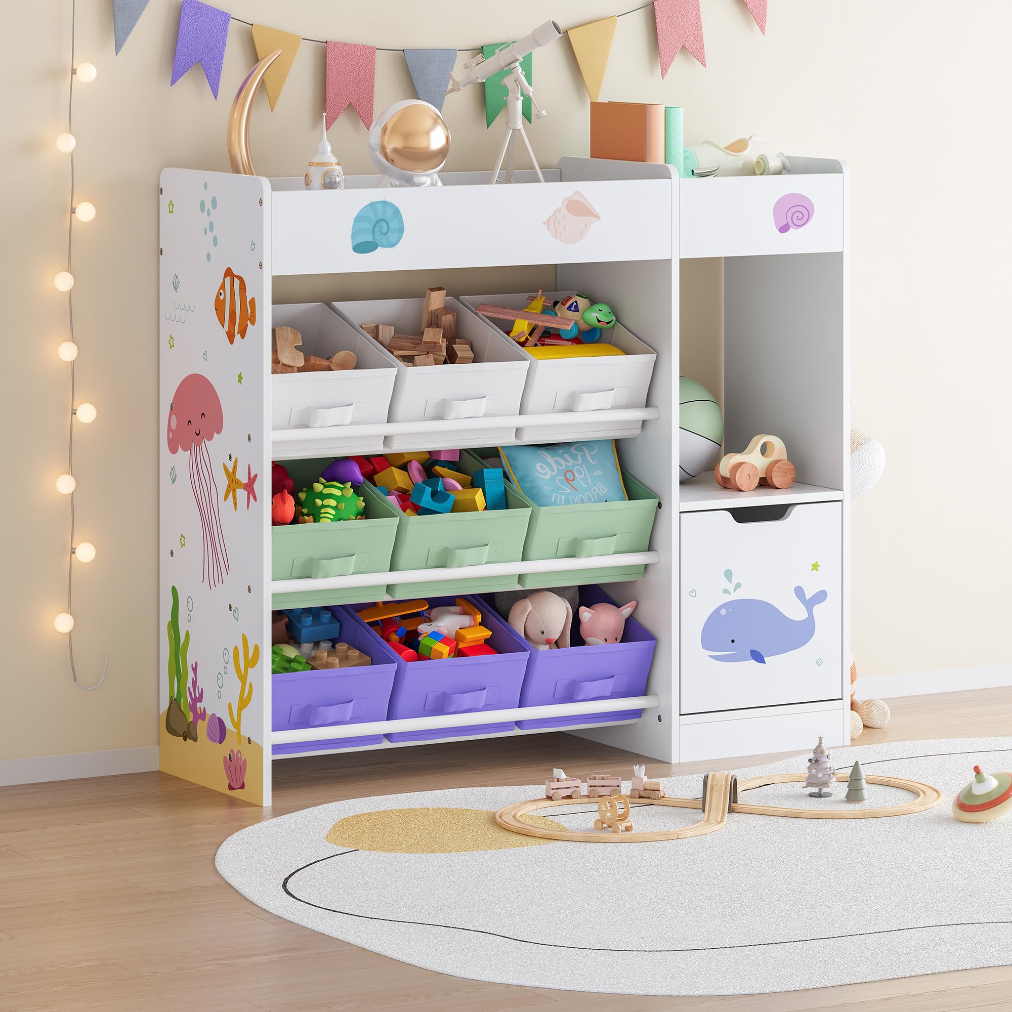 [en.casa] Estantería Infantil Søndreland Librería con Motivos Infantiles con Cajas Plegables y Compartimentos Dormitorio para Niños Habitación Infantil 80 x 90 x 30 cm - Aqua Dream