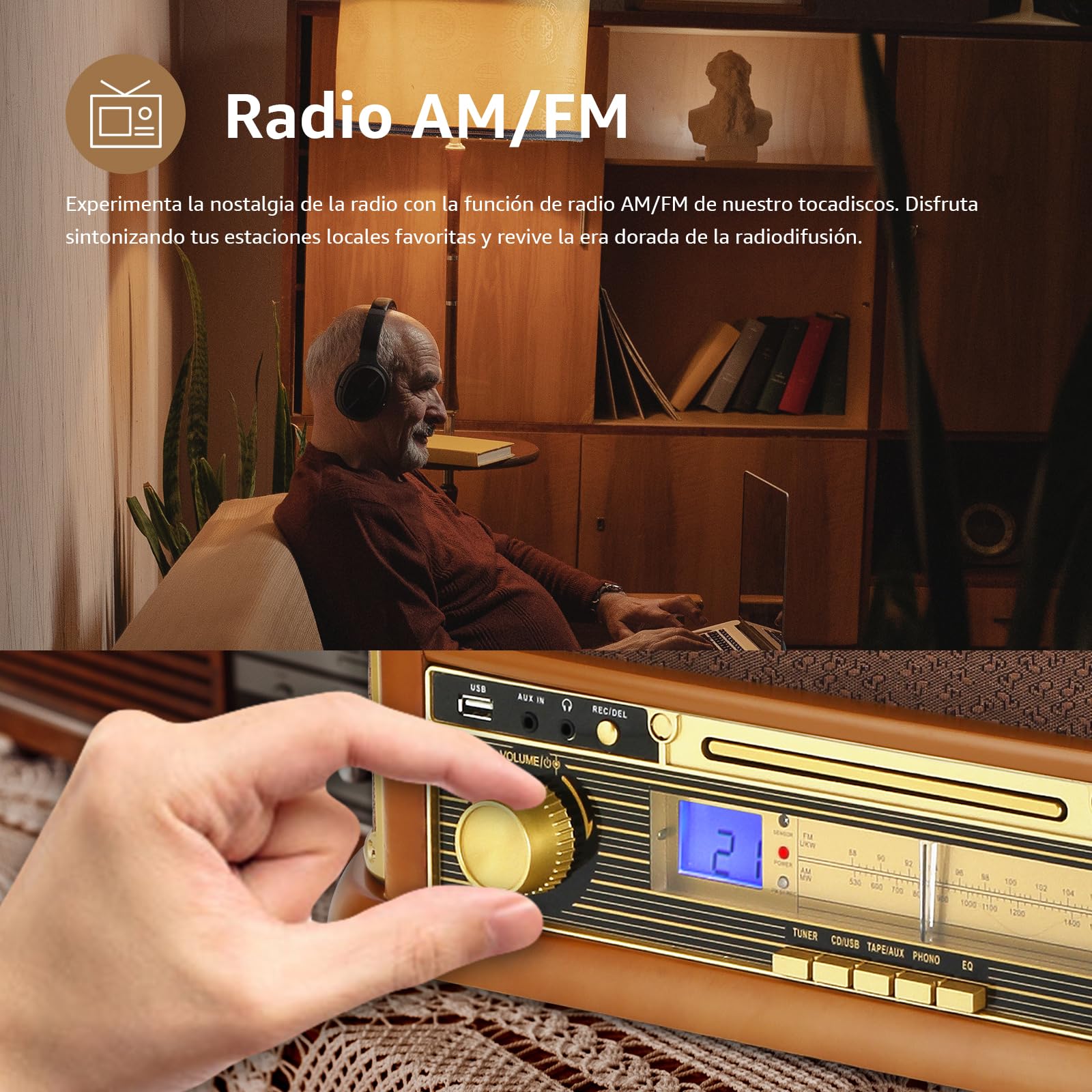 Tocadiscos de Vinilo Vintage Bluetooth inalámbrico de 3 velocidades con Radio fonógrafo Am/FM con Conector de 3,5 mm, CD/Cassette, Entrada Auxiliar/Salida RCA, reproducción USB