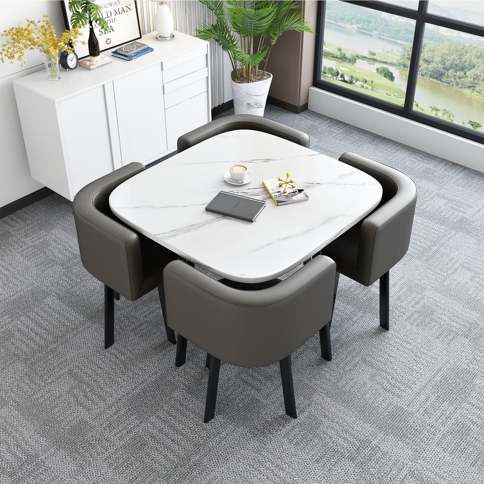 Set compatto con tavolo da conferenza quadrato e 4 sedie, arredamento moderno per reception e sala da pranzo, ideale per trattative commerciali e aree lounge (grigio)