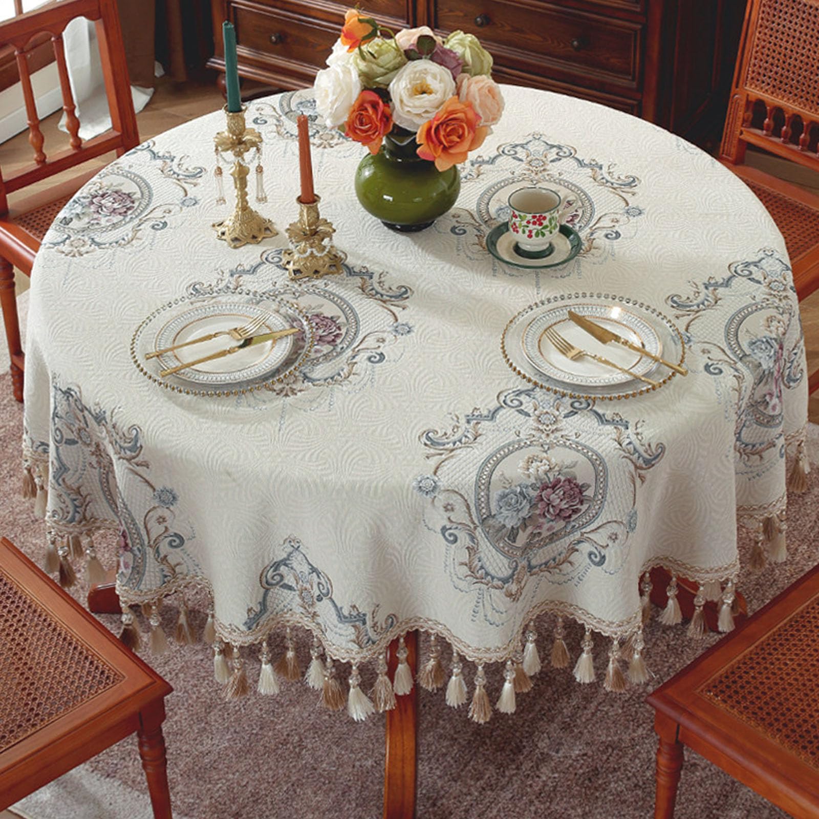 Ele Tovaglia rotonda retrò europea 120 cm con nappe bordo in tessuto per matrimoni, banchetti e riunioniChic copertura per tavolo da pranzo Sle E 280 cm/110,2 pollici