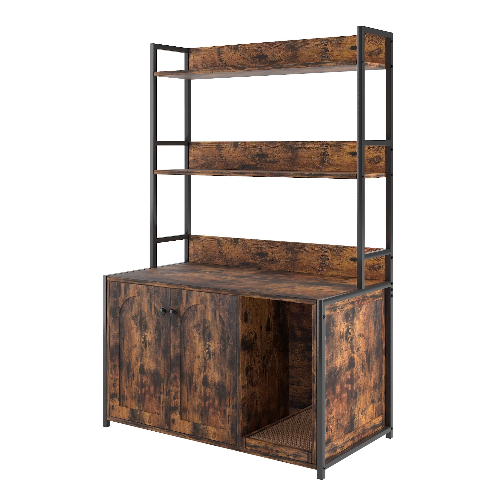 Katzenschrank mit Bücherregal, Kratzbaum mit Katzenklo-Schrank, Katzenklo Schrank mit 3 Ebenen & Eingang, 89 x 45 x 132 cm Versteckt Katzenkloschrank mit Tür, 3-in-1 Modernes Katzenhaus Indoor - Braun