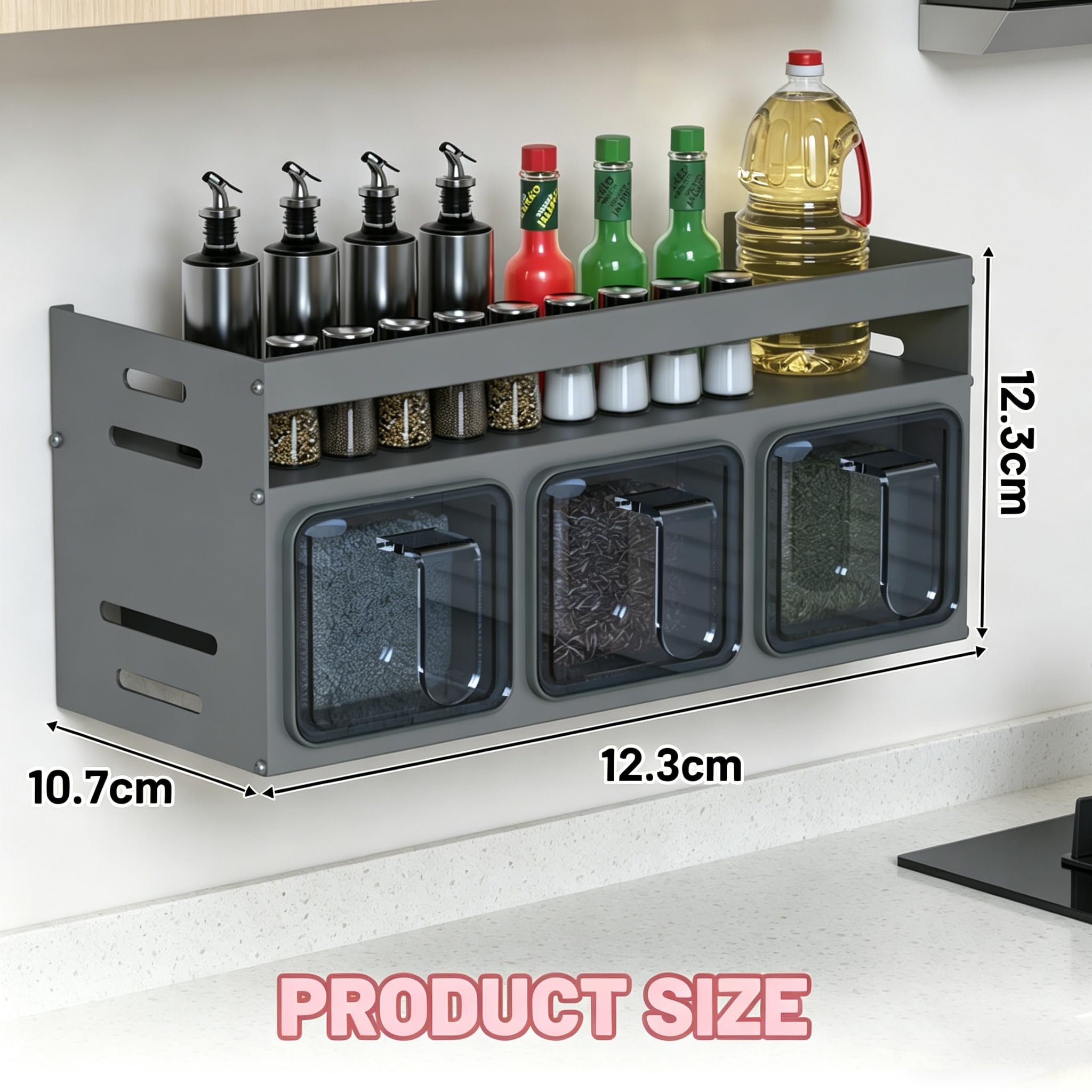 Estante para especias colgante de pared – Estante de especias de doble nivel para puerta de armario y pared, material de montaje (acero al carbono, gris pistola, 3 compartimentos-BY)