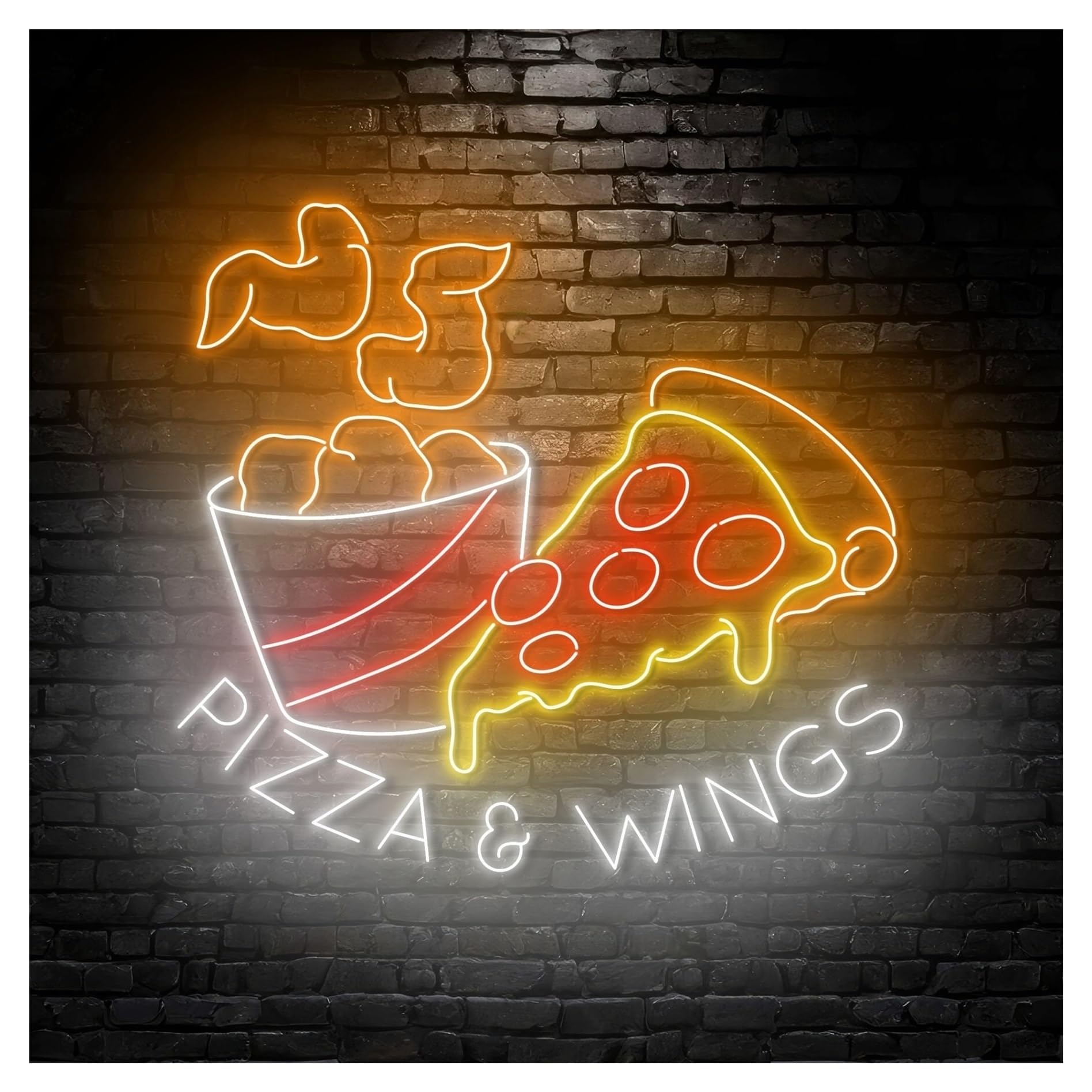 RONGCH Hanging Art Signs Pizza & Wings Neon Sign Chicken Fried LED Light Dimmable for Kitchen Food Store Restaurant Wall Art Decor 63cm