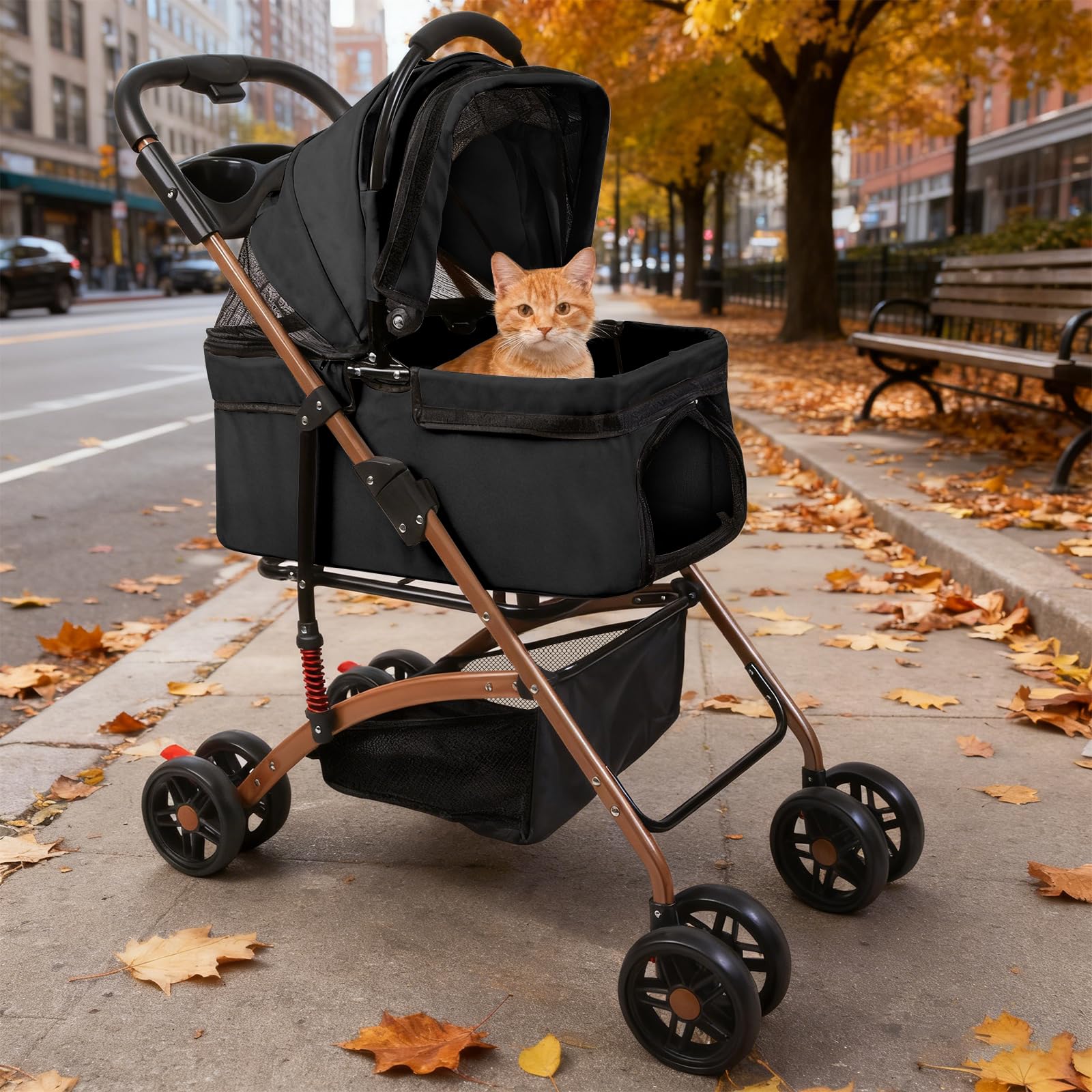 Hundewagen 3 in 1 Faltbarer Hundebuggy, Hundewagen, Kinderwagen für kleine Hunde, Katzen, Abnehmbarer Korb, Tragbarer Kinderwagen, Netzfenster, Oxfordstoff, Bis 20kg (Schwarz)