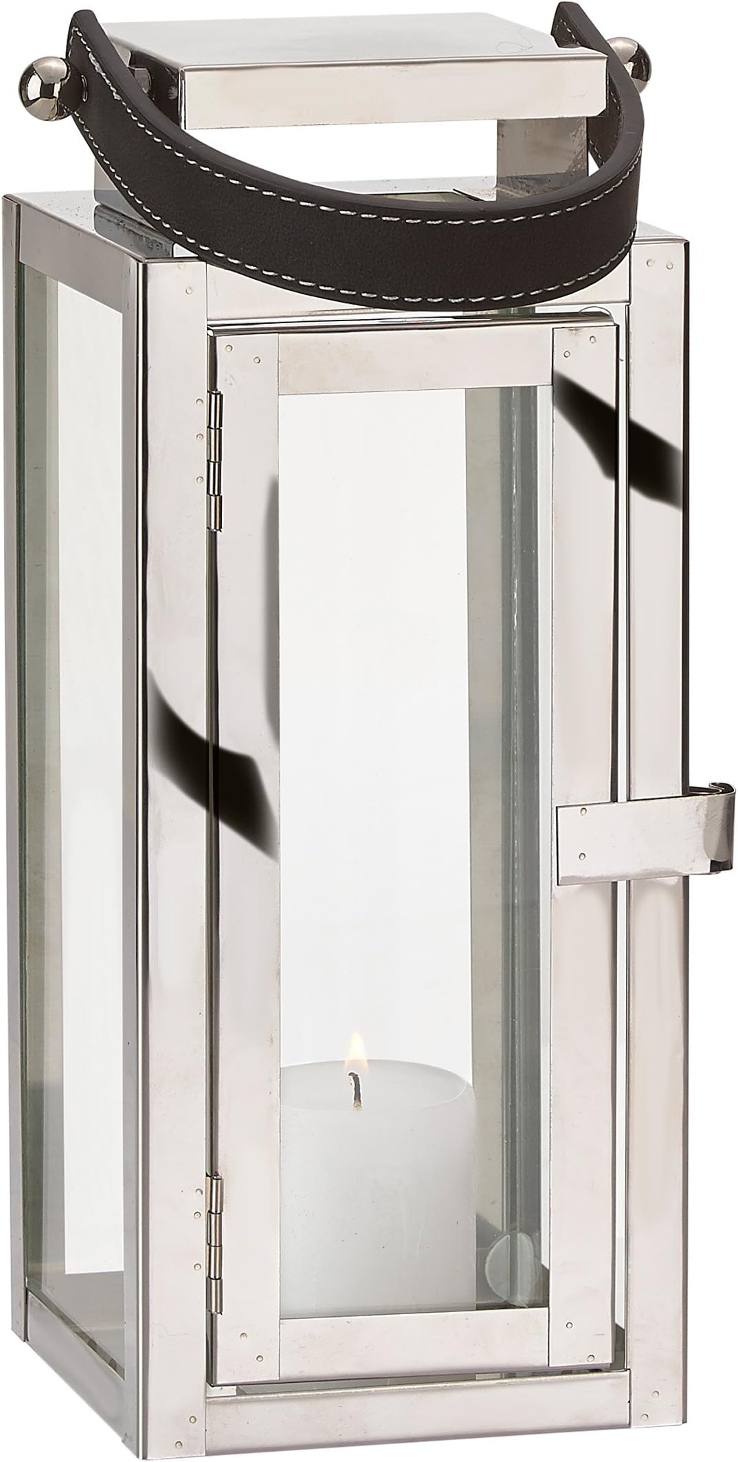 Villa Collection Stainless Steel and Glass Lantern with Handle (Carry Strap) and Door, Garden Lantern, Candle Holder