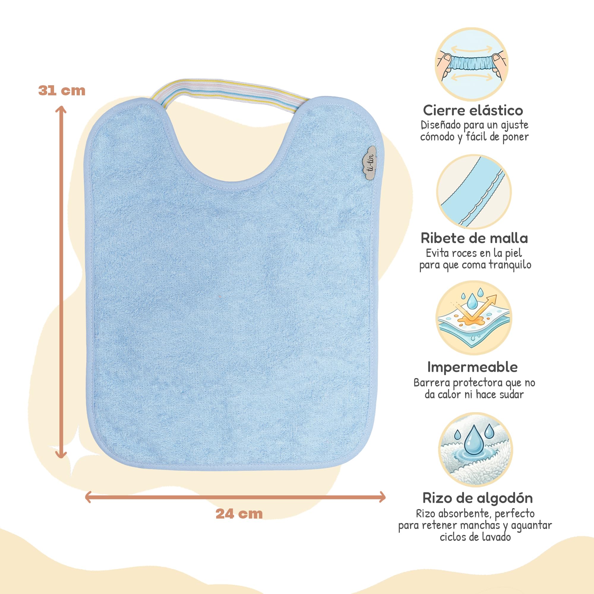 Ti TIN Pack 5 Baberos Bebé Impermeables y Absorbentes - 6 a 12 Meses - Ideal Guardería con Goma Elástica y Rizo de Algodón Extra Suave — view 2