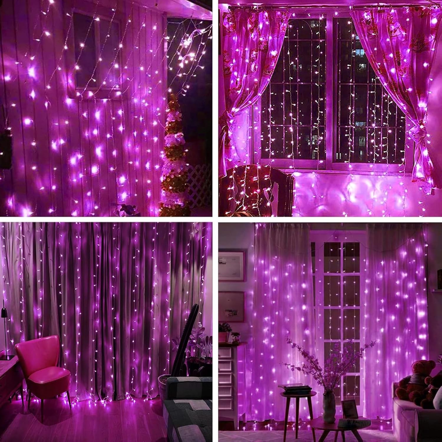 300LED Solar Curtain Lights USB & Solar Dual Powered Waterproof Fairy String Lights 8 Modes Twinkle for Home Indoor Outdoor Use Garden Patio Wedding Party (Pink)
