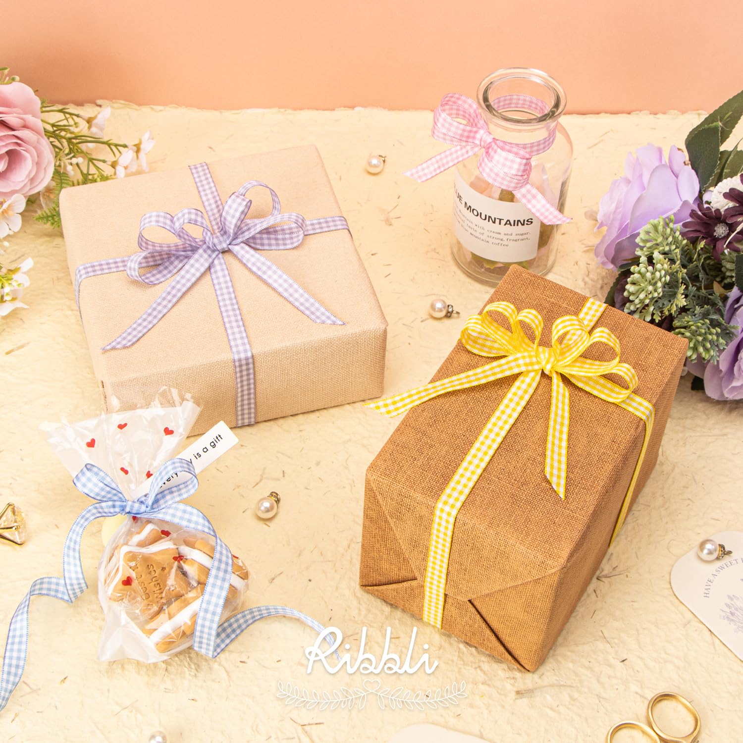 Ribbli 4 rollos de cinta a cuadros de 3/8 pulgadas, total 40 yardas, borde tejido 100% poliéster, (rosa claro/azul claro/morado/amarillo), uso a cuadros de Pascua para baby shower, envoltura de