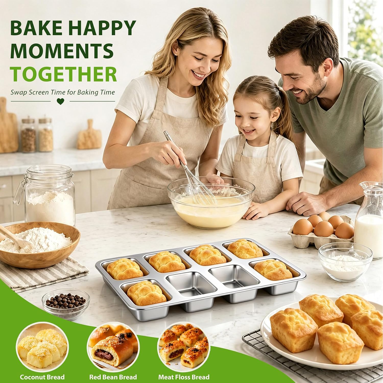 P&P CHEF 8 Cavities Mini Loaf Pans, Loaf Bread Pan for Baking Bread,2 Pcs